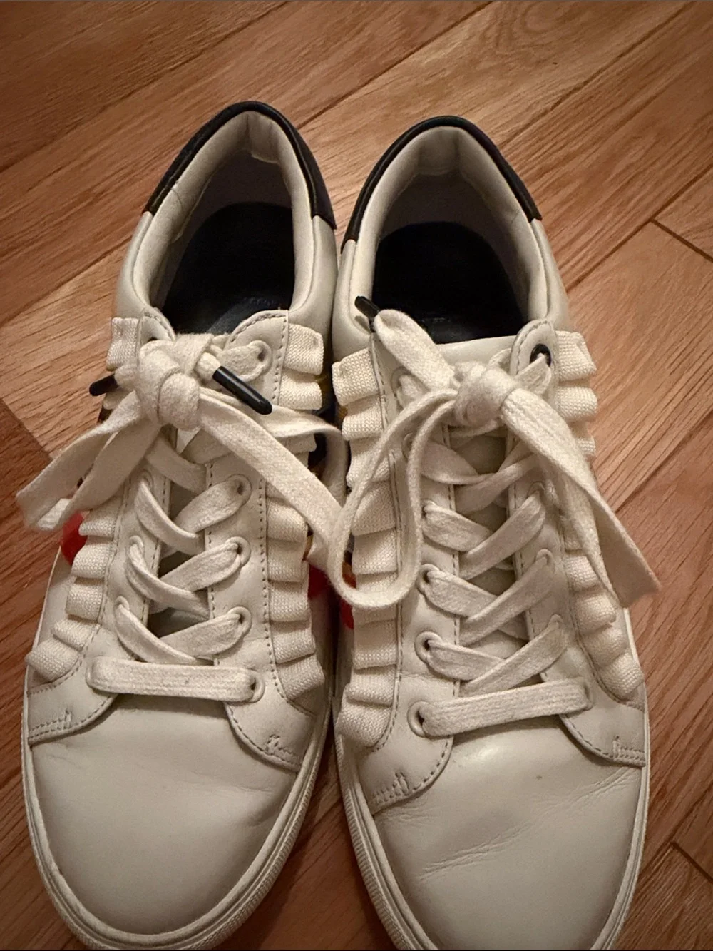 Tory Burch White Leather Sneakers with Red, Blue & Yellow Stripes